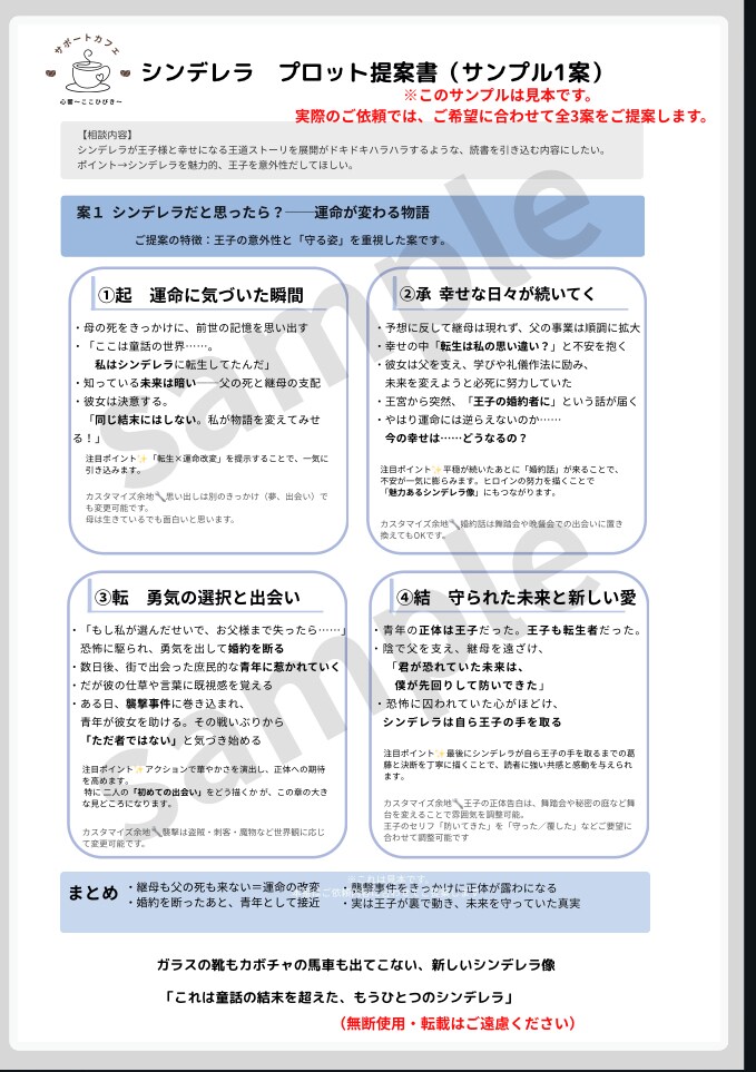 停滞物語に驚きのプロット3案で解決に導きます 起承転結で整理し、物語の魅力を一緒に引き出します！ イメージ2