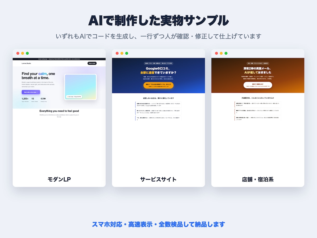 高品質なホームページ・LPをAIで早く制作します AIでスピード制作＋人が検品。スマホ対応・高速表示を低価格で イメージ2