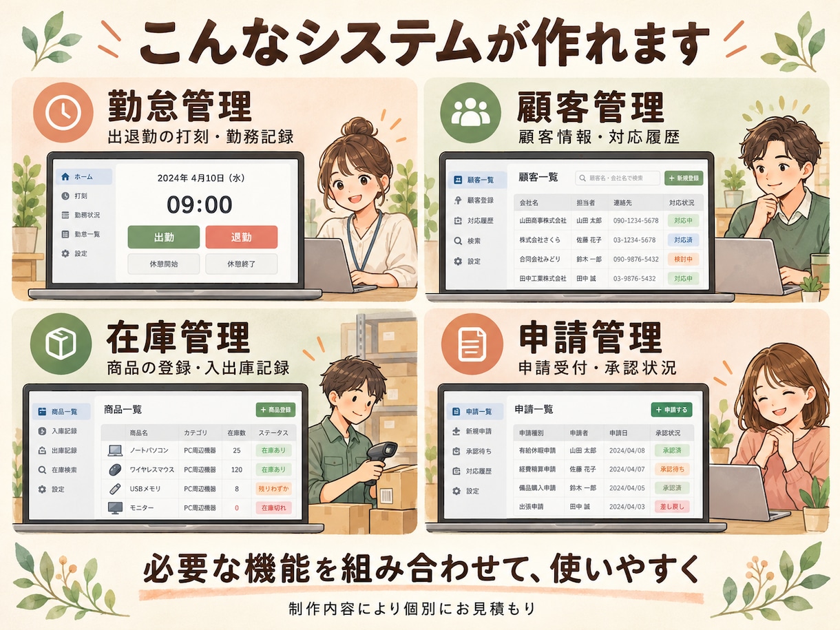 勤怠・顧客・在庫などの管理システムを制作しますます 紙やExcelの手間を、使いやすい仕組みに変えます イメージ2