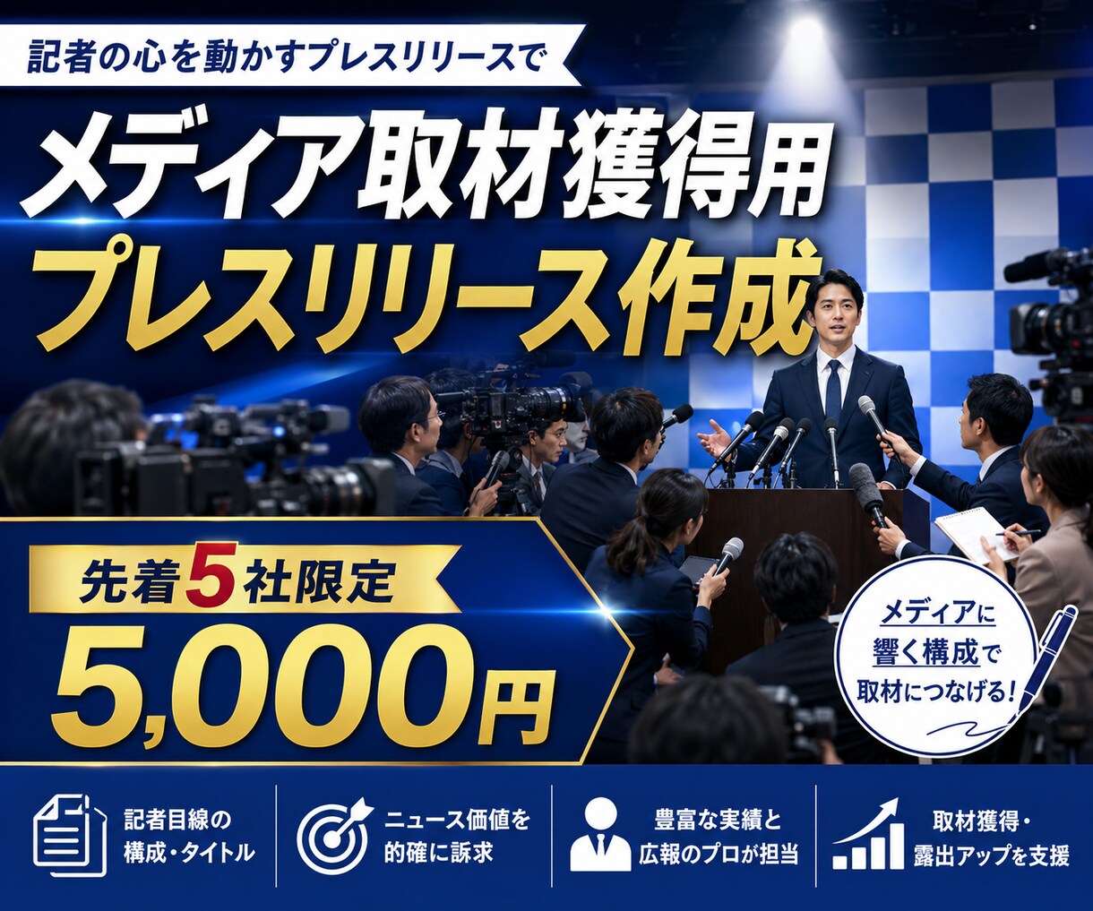 先着5社!取材獲得用プレスリリース作成します 1枚のプレスリリースで2000万円売上を出した経験あり イメージ1