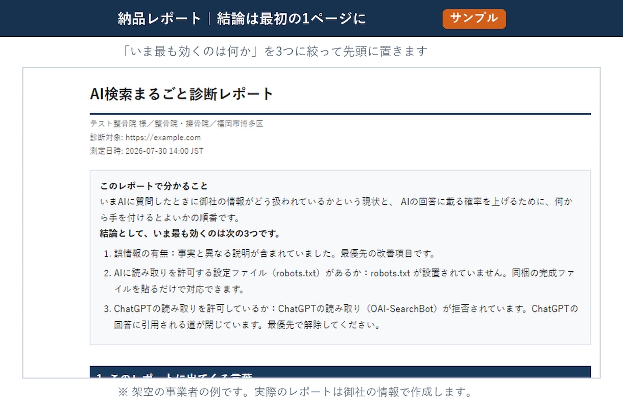 AIO対策｜AI検索3社での見え方を診断します 診断で終わらせず、貼るだけのファイルまで納品 イメージ5