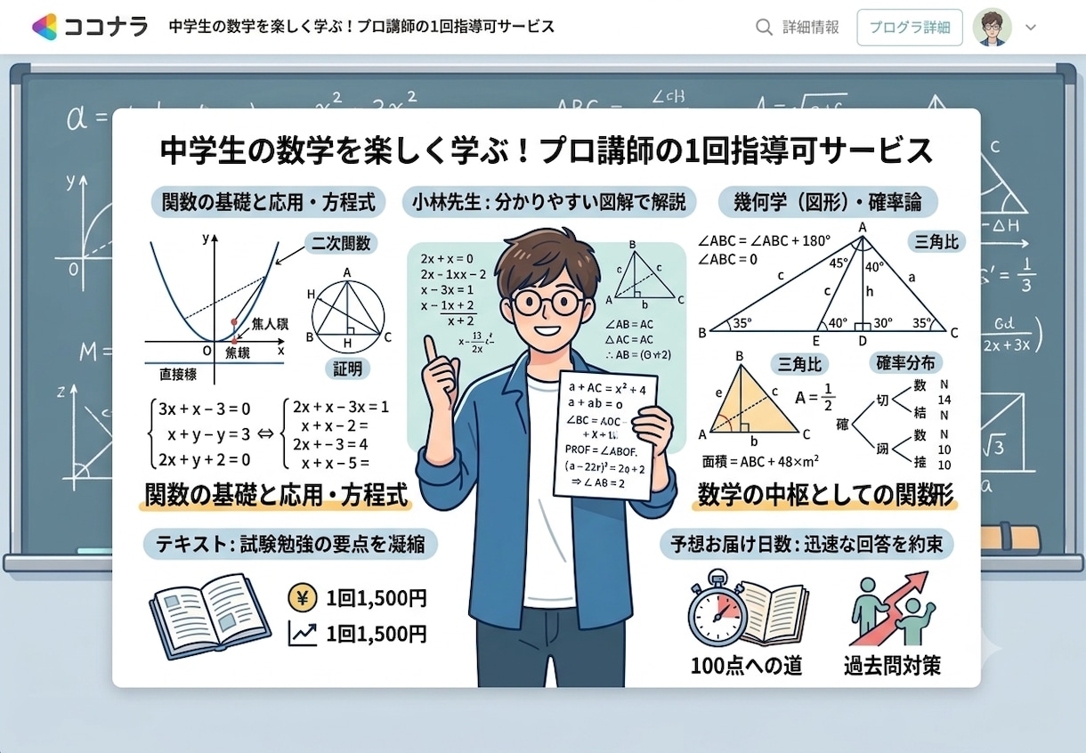 1回だけの指導可！中学生の数学を教えます “テスト前だけ”、“聞きたいときだけ”の利用も可能です イメージ1