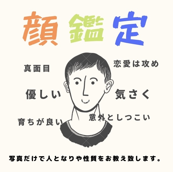 顔写真だけでその人の性質や恋愛傾向お教えします 自分や他人の人間関係やビジネス、将来、恋愛に活かして頂ければ イメージ1