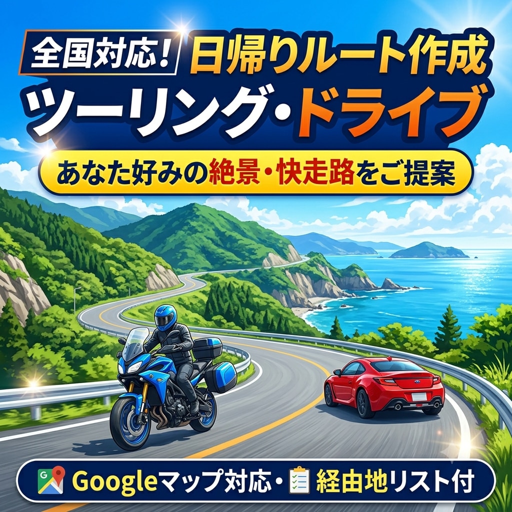 日帰りツーリング・ドライブの最適ルート作成します 絶景・快走路・立ち寄りスポットまであなた好みのコースをご提案 イメージ1