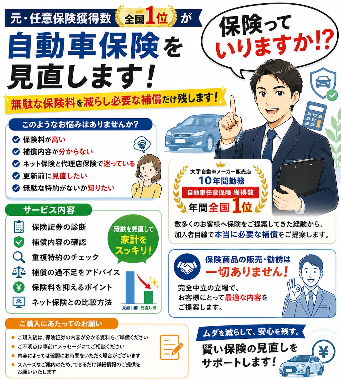 自動車保険を元全国1位が中立目線で見直します 保険料を抑えながら、本当に必要な補償だけを中立な立場で診断！ イメージ1