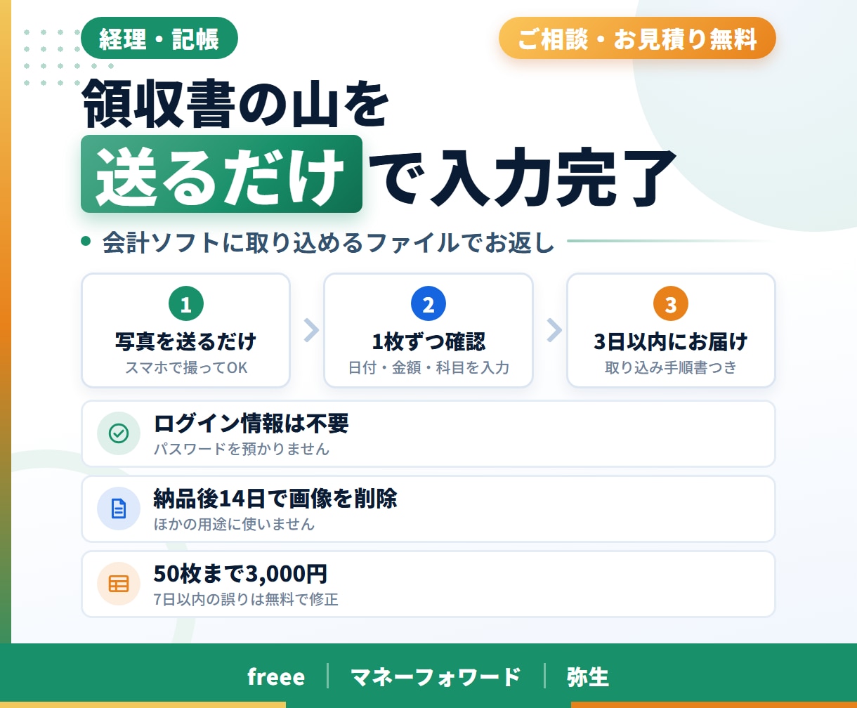 領収書をfreee・MFに取り込めるデータにします ログイン情報は不要。写真を送れば取り込み用ファイルで返します イメージ1