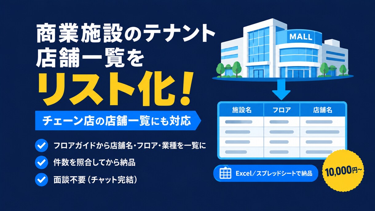 リスト作成｜テナント・チェーン店の一覧を作ります フロアガイドや店舗検索から集めて、Excelの一覧表にします イメージ1