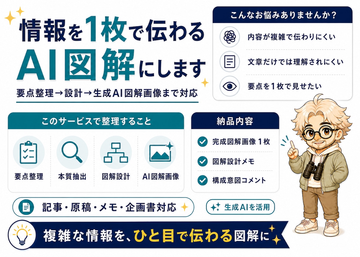 情報を1枚で伝わる図解にします 要点整理→設計→AI図解画像まで対応 イメージ1