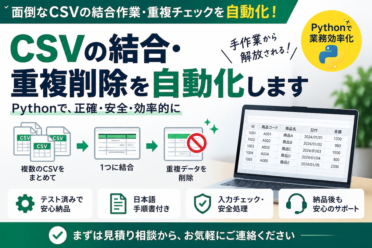 CSVの結合・重複削除を自動化します テスト済み・日本語手順書付きで安全に納品 イメージ1