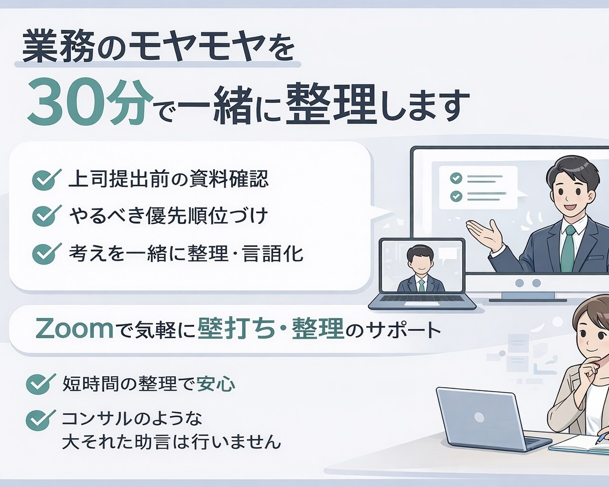 業務や資料のモヤモヤを30分で一緒に整理します 現場目線で共に考える壁打サポート散らかった状態から共に整理 イメージ1