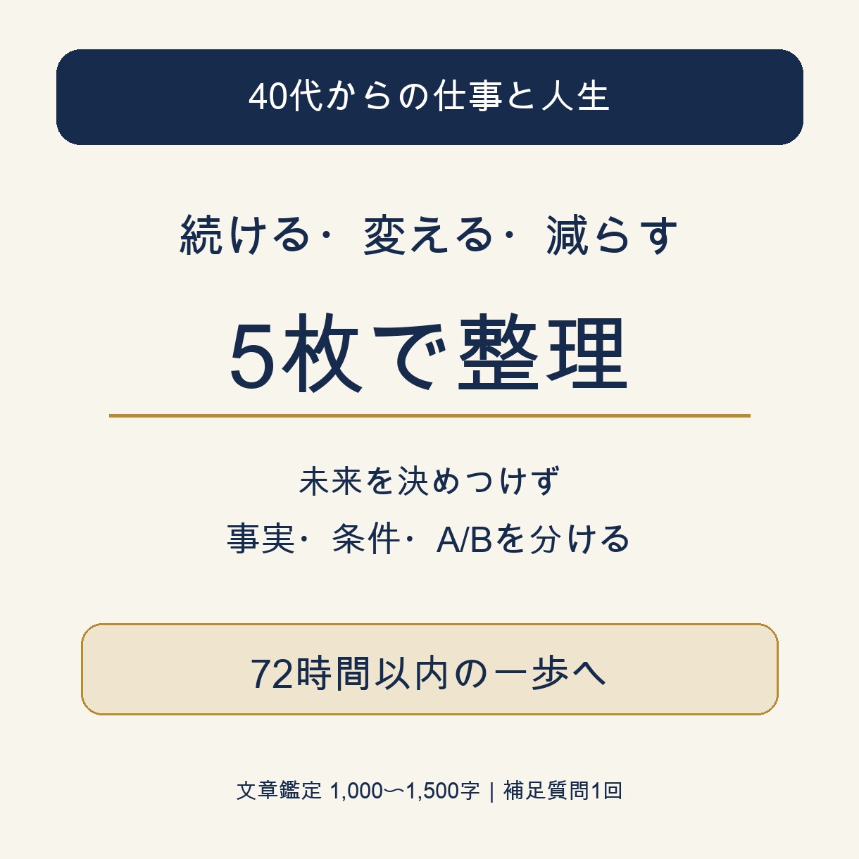 40代からの仕事と人生の迷いを5枚で整理します 続ける・変える・減らす。72時間の一歩へ イメージ1