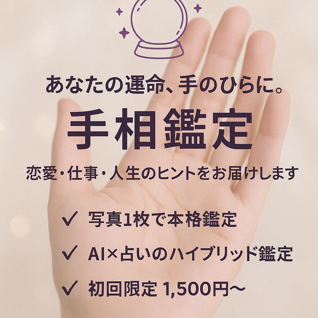 手相鑑定で運命・恋愛・仕事を丁寧に鑑定します 今、不安でも大丈夫。手のひらにはちゃんと道が描かれています イメージ1
