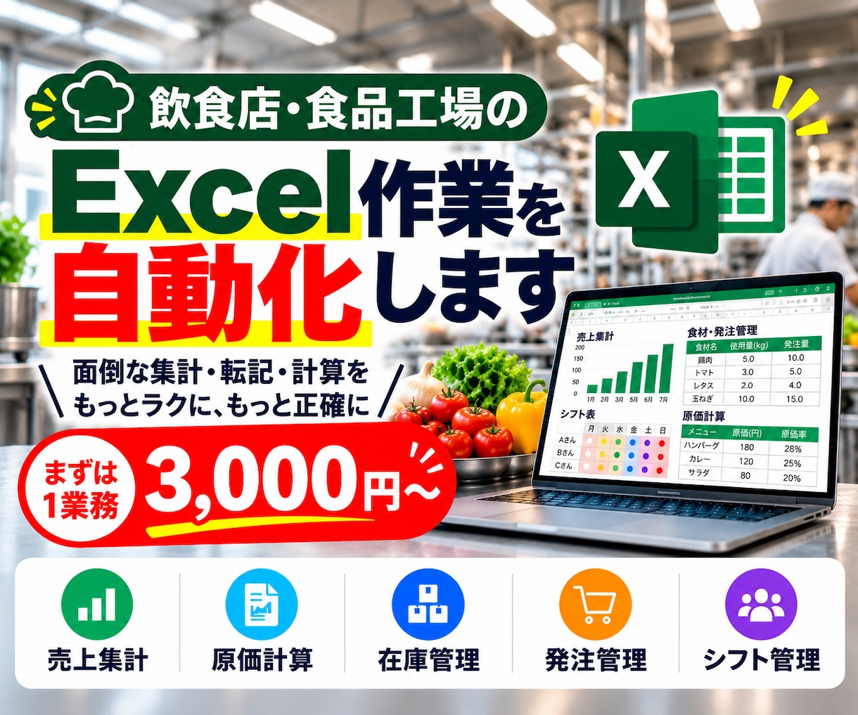 飲食店・食品工場のExcel作業を自動化します 面倒な集計・転記・計算を自動化します イメージ1