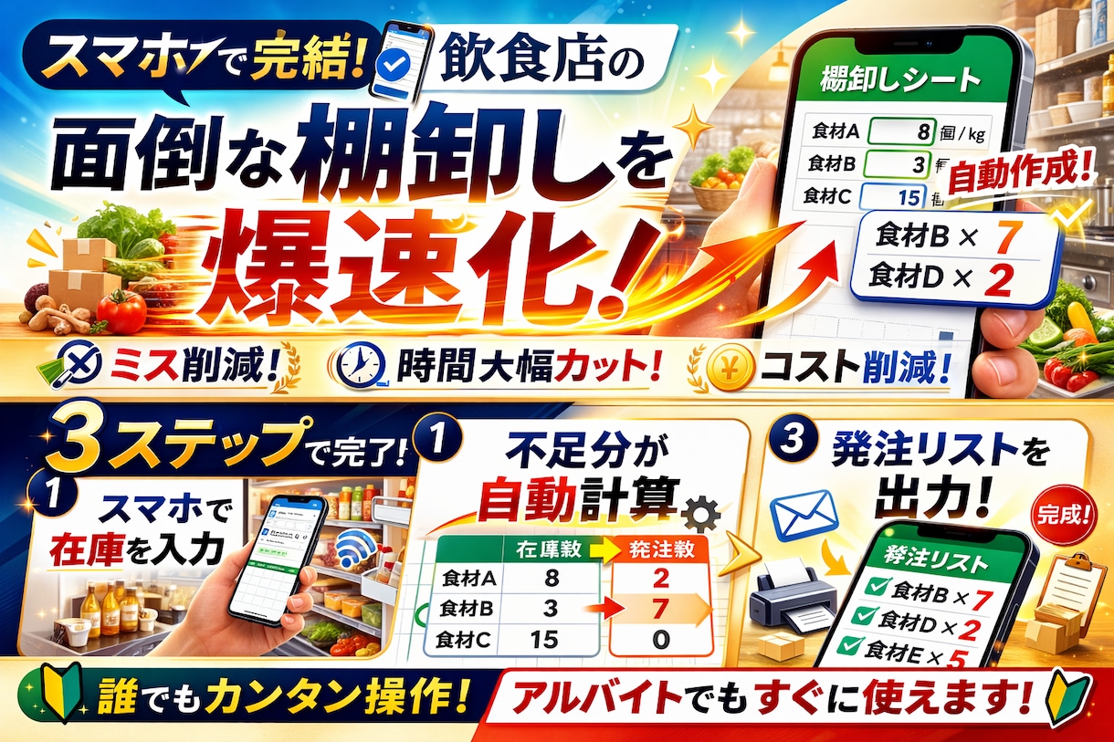スマホで完結！飲食店の面倒な棚卸しを爆速化します 入力するだけ！不足分が自動でリスト化される魔法のシートです。 イメージ2