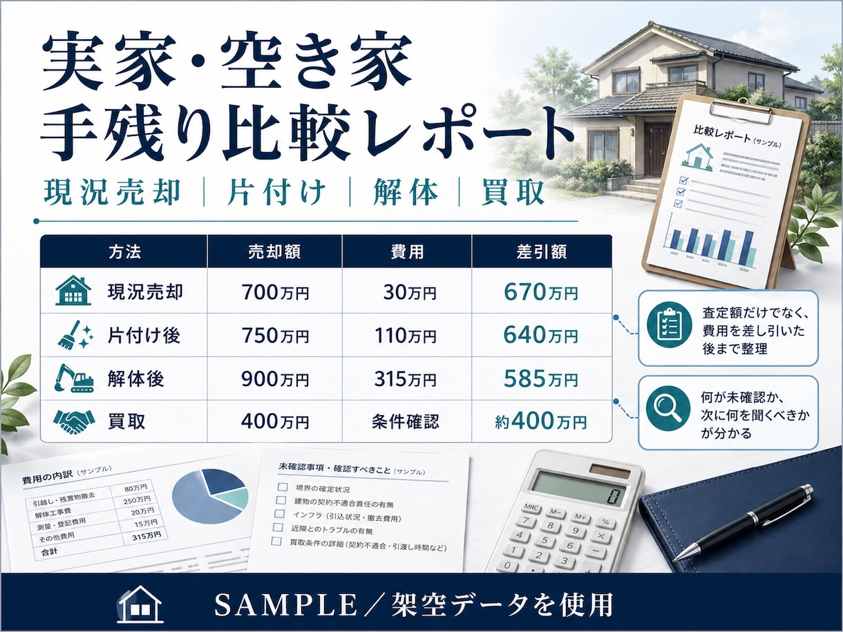 実家・空き家の売り方4案と手残りを比較します 査定額と費用を整理し、一番手残りが多い売り方が分かる イメージ3