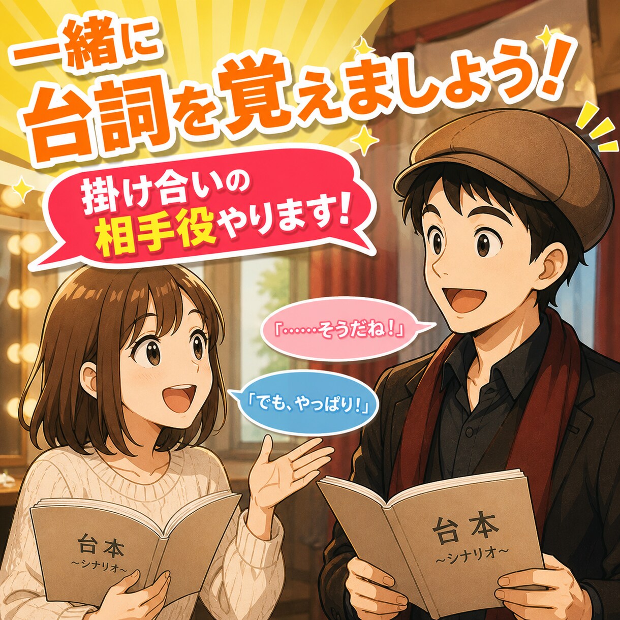 台詞覚えが苦手な役者へ！掛け合い相手になります 稽古場で焦らないために、台詞を身体に入れる稽古をしましょう イメージ1