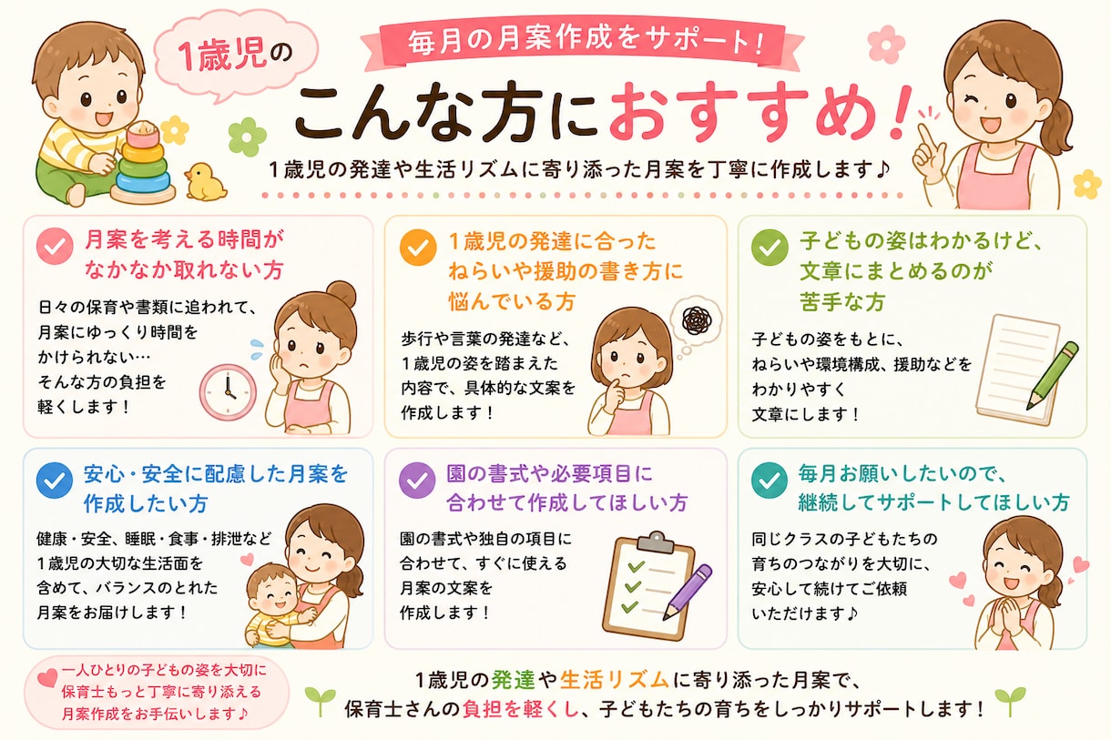 1歳児の月間指導計画を作成します 保育士目線で月案の文案作成を丁寧にお手伝い イメージ3