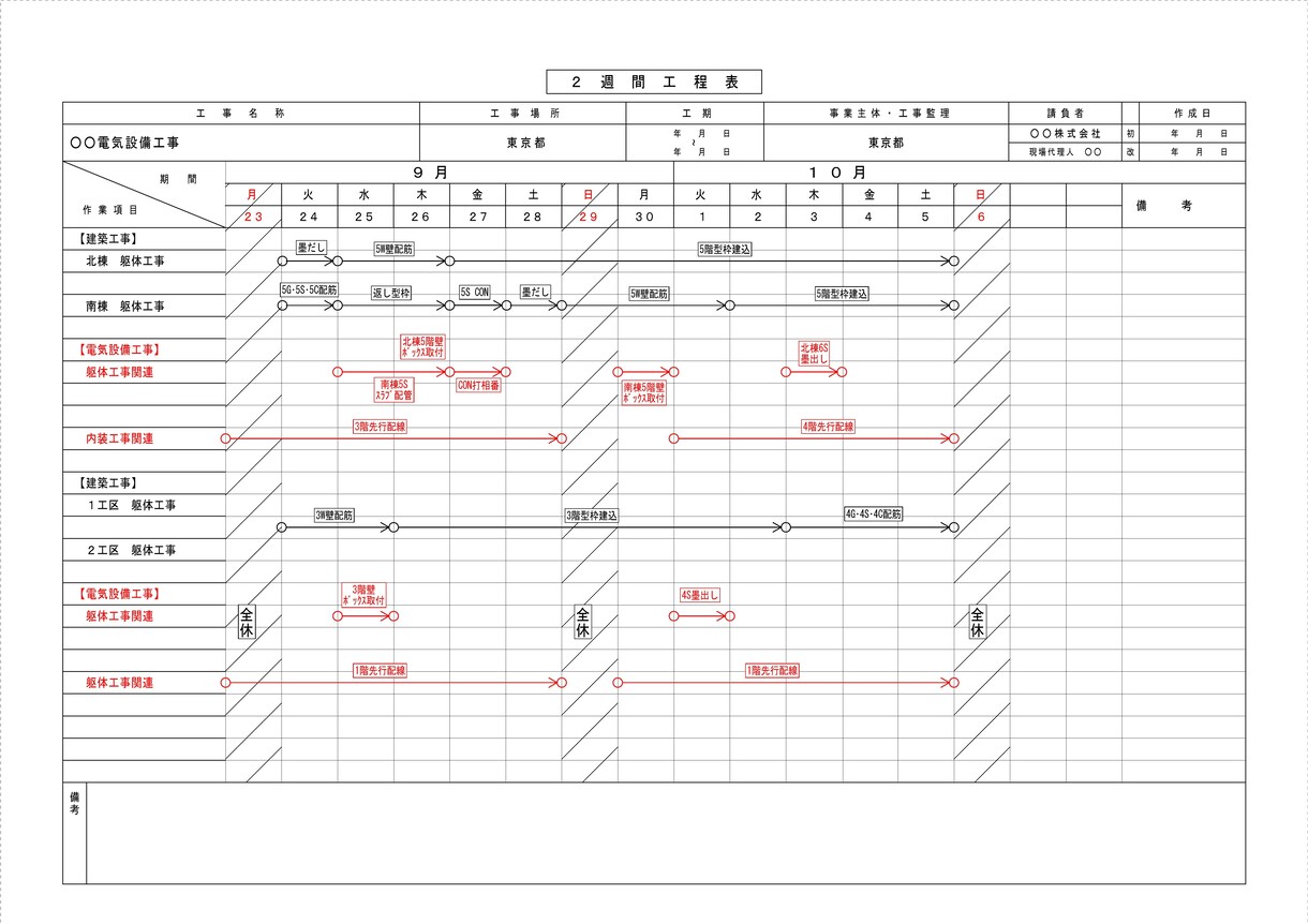 私企業向け取引の電気設備工程表を作成致します 工程表の作り方がわからない､フォーマットが欲しい人は必見 イメージ2