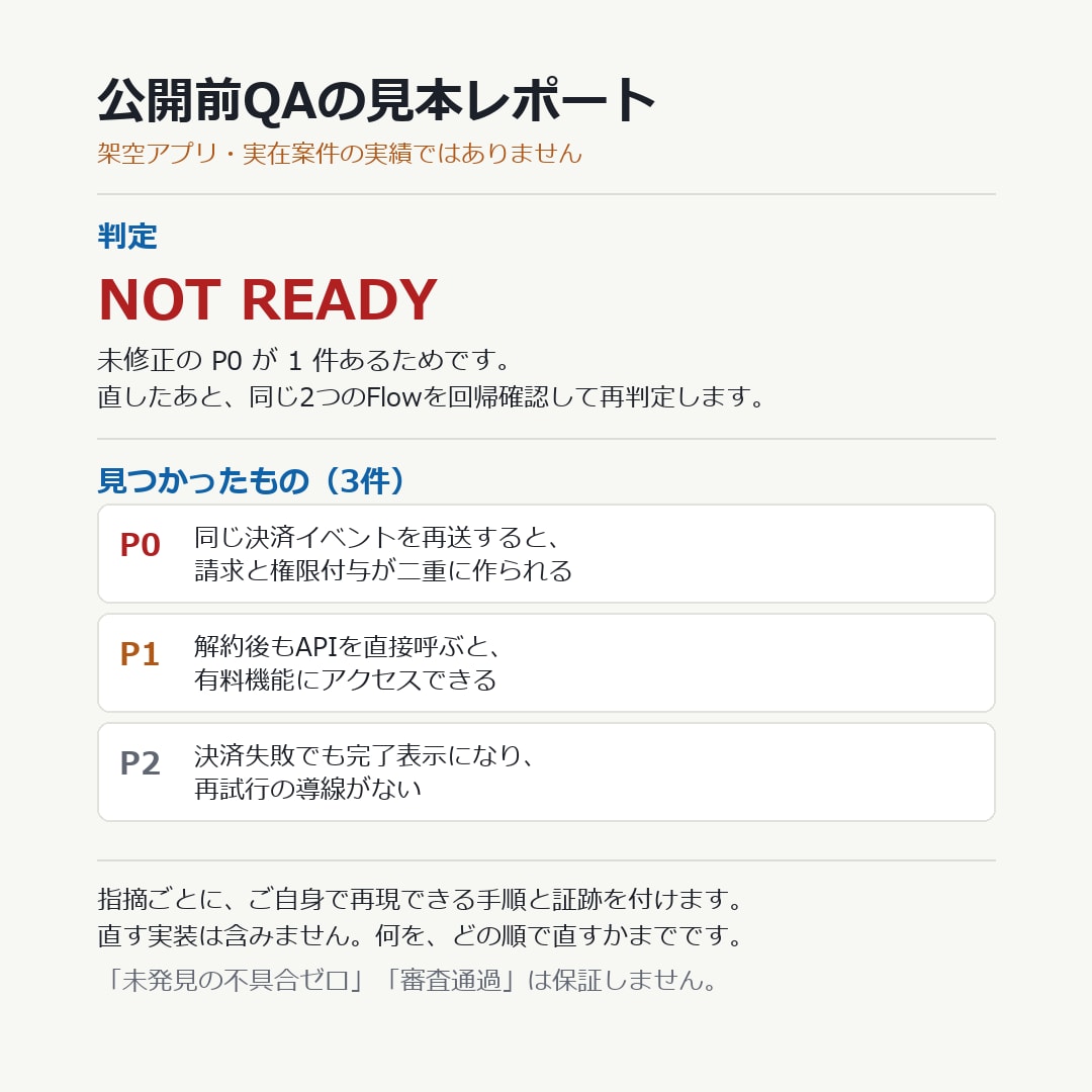 AIアプリの公開前に二重課金と権限漏れを潰します コードを先に開かず測ります。指摘は自分で再現できる形で イメージ1