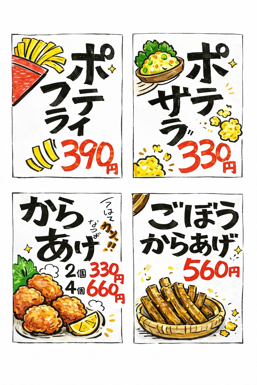 手書き原稿を活かした居酒屋POPを制作します 温かみのある手書き感で伝わるPOPを作成 イメージ3