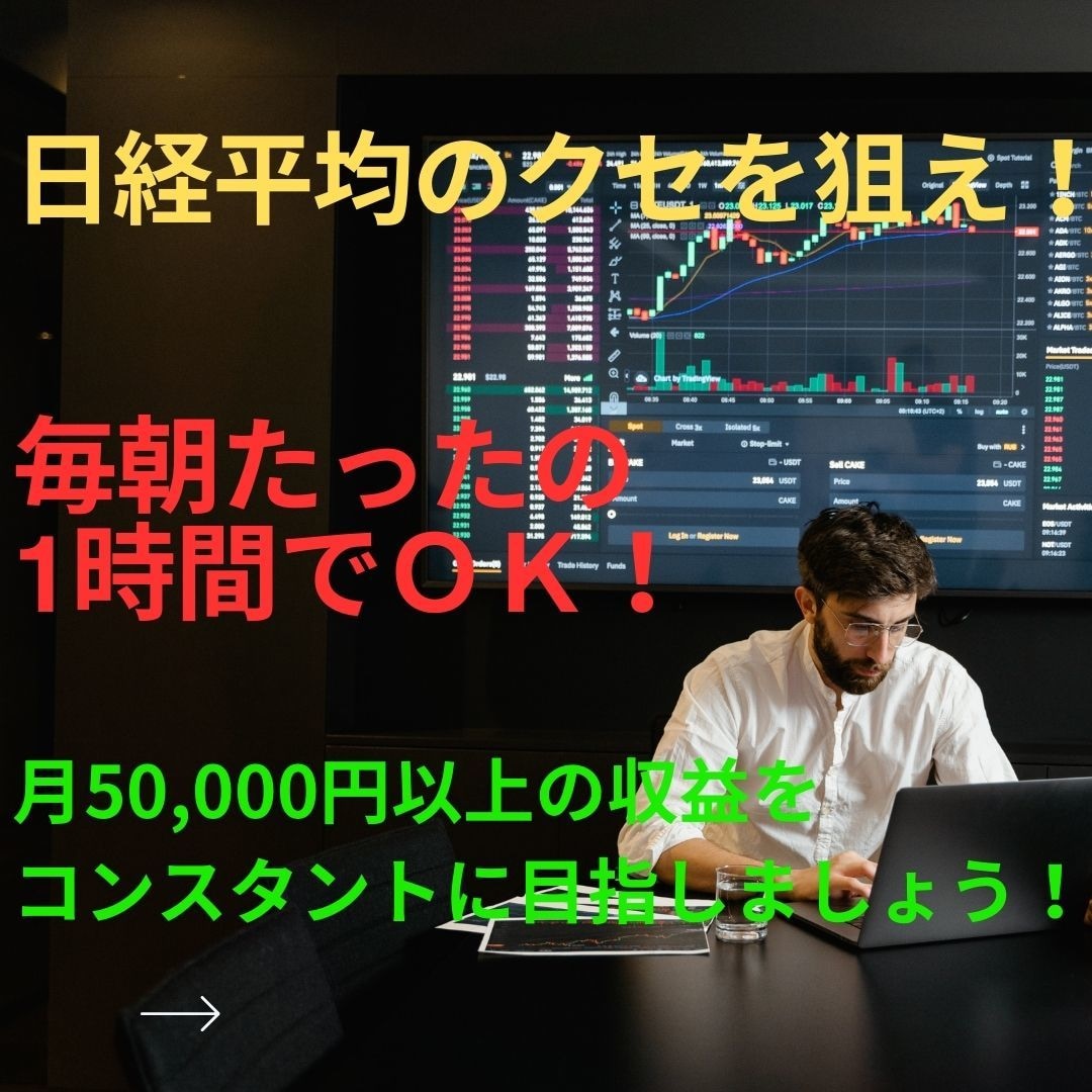 日経平均トレードで月５万円を狙う手法をお伝えします 初心者でも簡単！朝1時間の日経平均のクセを狙ったトレード手法 イメージ1