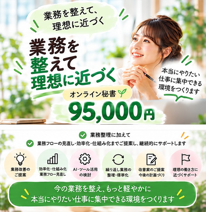 オンライン秘書として業務をサポートします 業務そのものを整え、本業に集中できる環境を整えます イメージ3