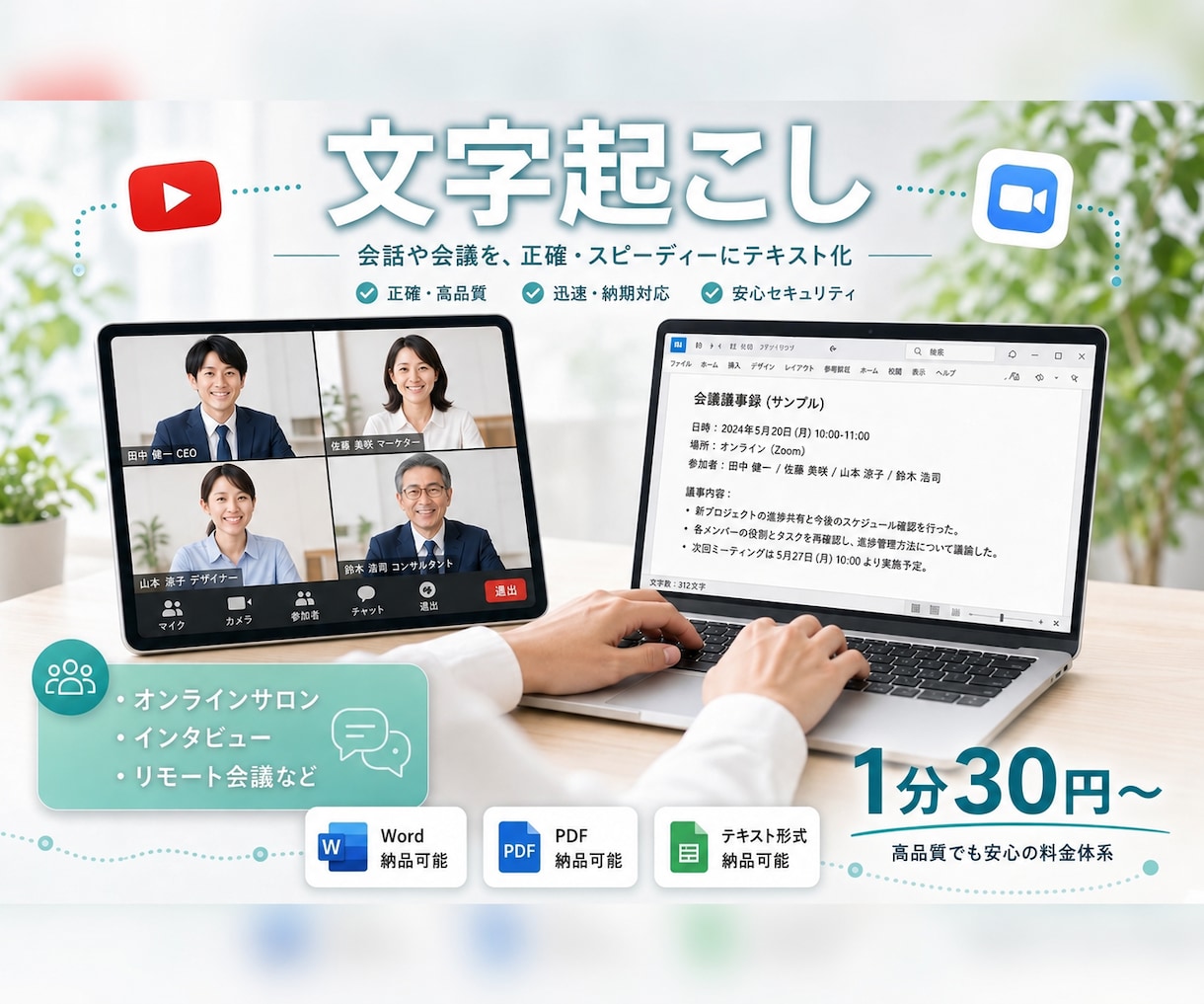 音声・動画を丁寧に文字起こしします 会議・インタビューなど50分まで1,500円で対応 イメージ1