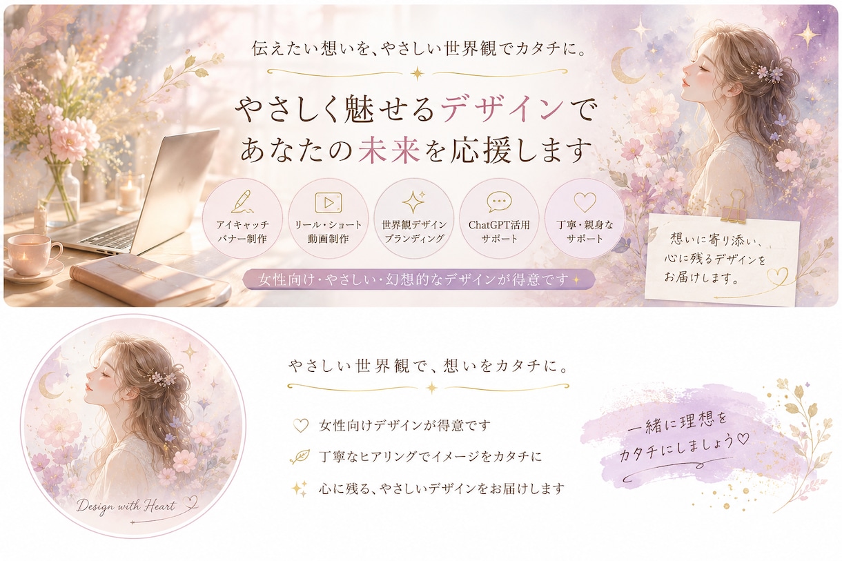 女性向けのやさしいヘッダー作ります 想いが伝わる世界観を丁寧に制作 イメージ1