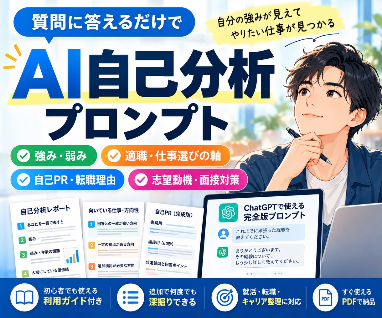 AI自己分析プロンプトを提供します 強み・適職から自己PR・転職理由まで深掘りできます イメージ1
