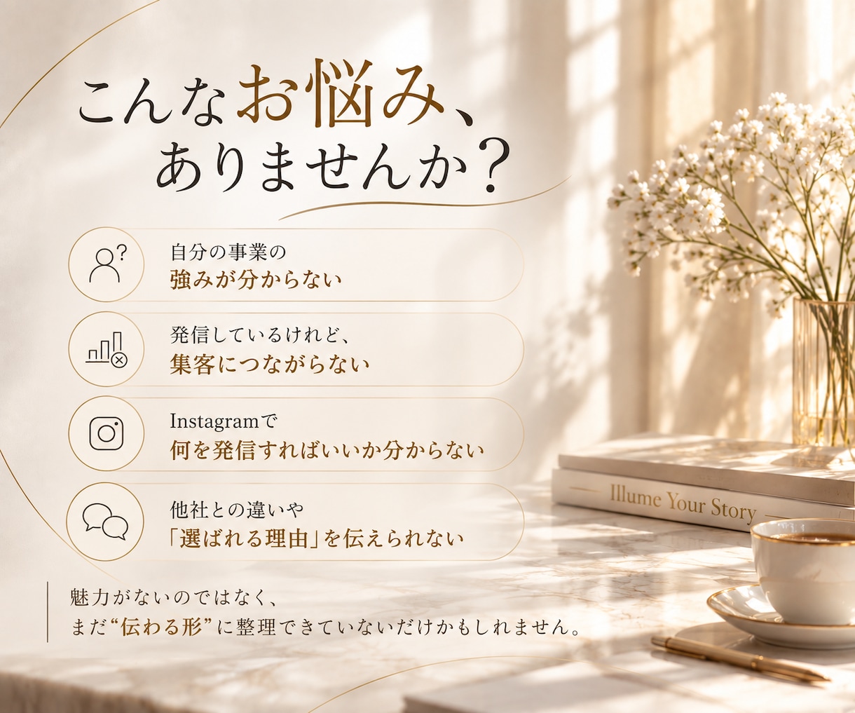 なぜ選ばれない？事業の魅力と伝え方を一緒に整えます 強みを言語化し、伝わる発信と導線まで設計します イメージ2