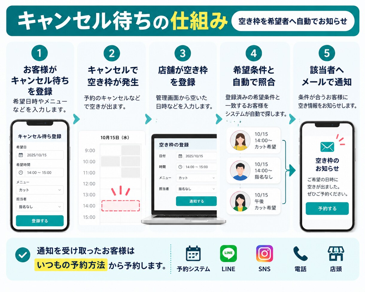 キャンセル待ちを受け付けてメール通知します 今の予約受付方法はそのまま。キャンセル待ちの仕組みをご提供。 イメージ2