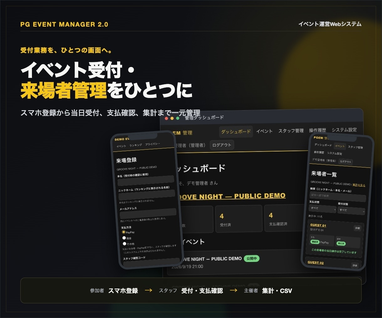 イベント受付・来場者管理Webシステムを制作します スマホ登録から受付・支払確認・集計まで一元化 イメージ1