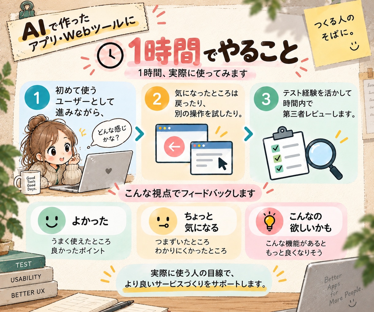 AIで作ったアプリ・Webツールをテストします ひとりで作ったそのアプリに、もうひとりの目を。 イメージ3