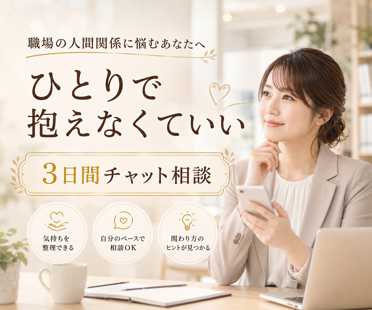 職場のモヤモヤを3日間一緒に整えます 産業カウンセラーの資格を持つ私が職場のお悩みにこたえます イメージ1