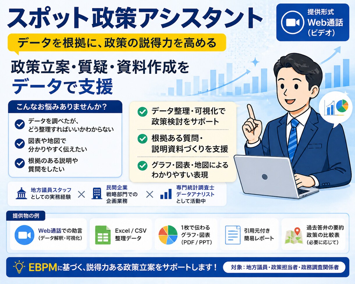 Web通話でデータ整理・可視化を伴走支援いたします 地方議員の皆様の政策深化をWeb通話を通じてご支援します イメージ1