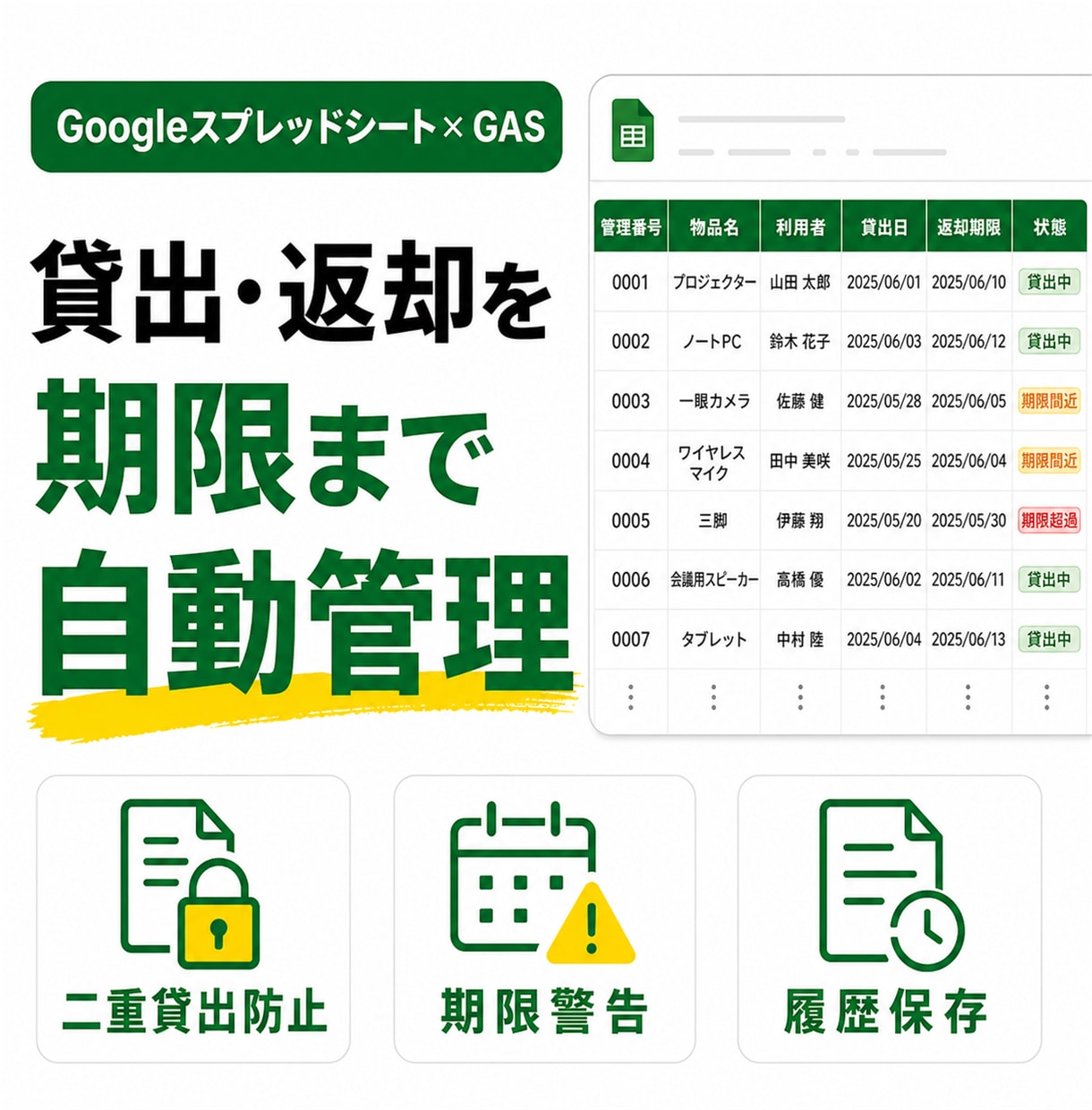 貸出・返却・期限管理をGASで自動化します 利用者・貸出状況・返却期限を一目で管理 イメージ2