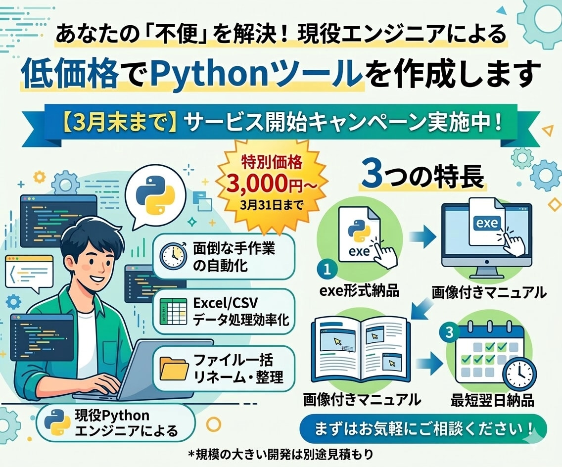 低価格でPythonツールを作成します Excel/CSV・ファイル処理など面倒な手作業を自動化 イメージ1