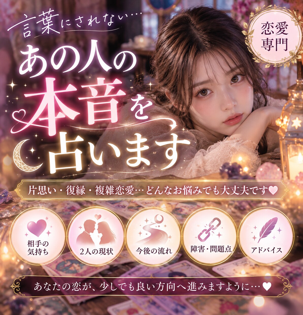 あの人の本音と2人の未来を丁寧に占います 片思い・復縁・複雑恋愛｜相手の気持ちと今後を読み解きます イメージ1