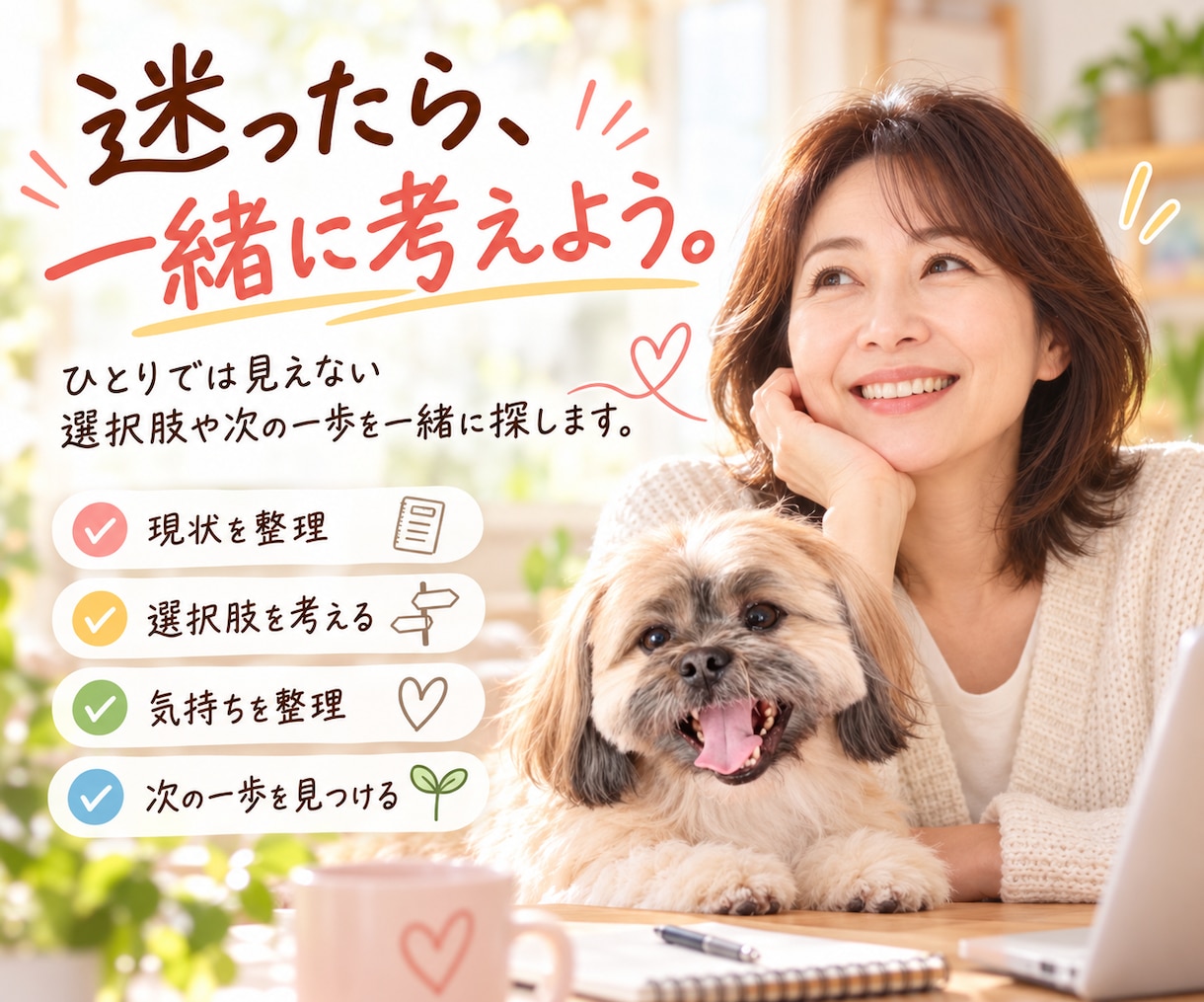 迷っていることを一緒に整理して考えます ひとりでは見えない選択肢や次の一歩を一緒に探します イメージ2
