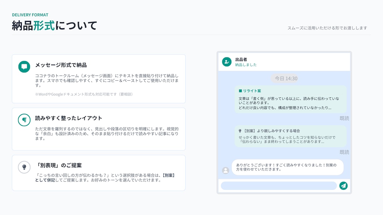 伝わる文章に丁寧にリライトします 伝わらない文章を“読む人に届く形”へ整えます。 イメージ8
