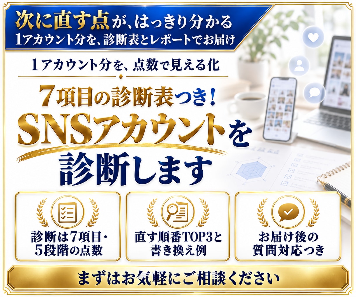 7項目の診断表つき！SNSアカウントを診断します 1アカウント分を診断。改善の順番と書き換え例つき イメージ1