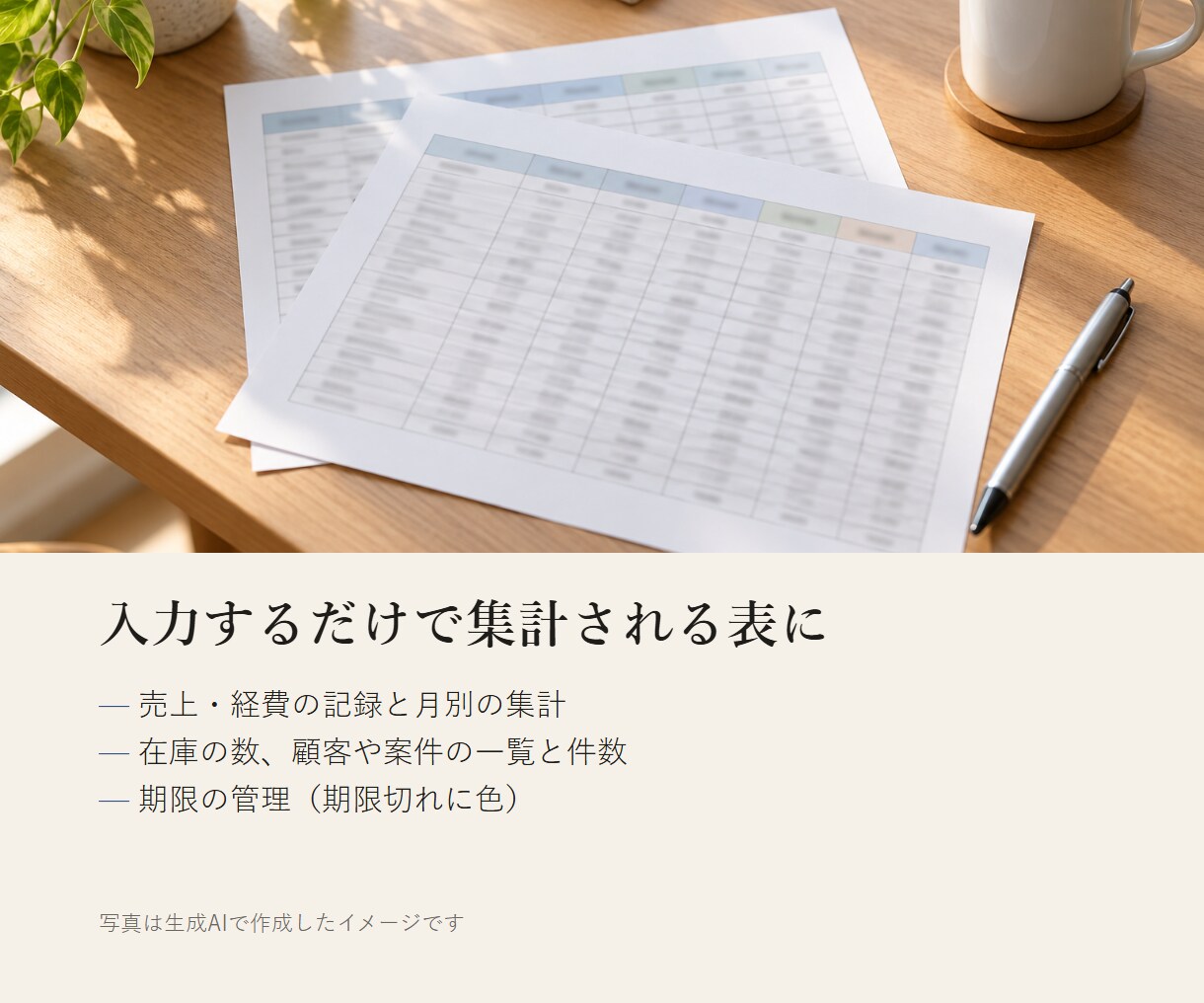 Excel関数で集計表・管理表を1シート作ります マクロなし。スプレッドシートにもある関数だけで作ります イメージ3