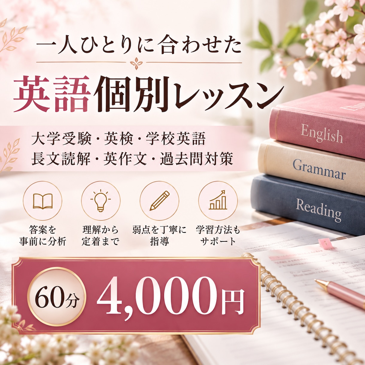 一人ひとりに合わせた英語個別指導を行います 大学受験・英検から学校英語まで、目標に合わせて個別指導します イメージ1