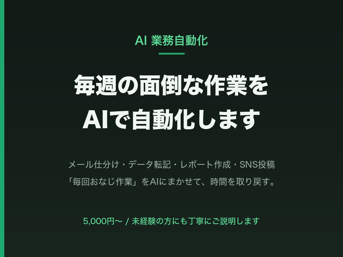 毎週の面倒な作業をAIで自動化します 毎週くり返す面倒な作業を、AIが自動でやります イメージ1