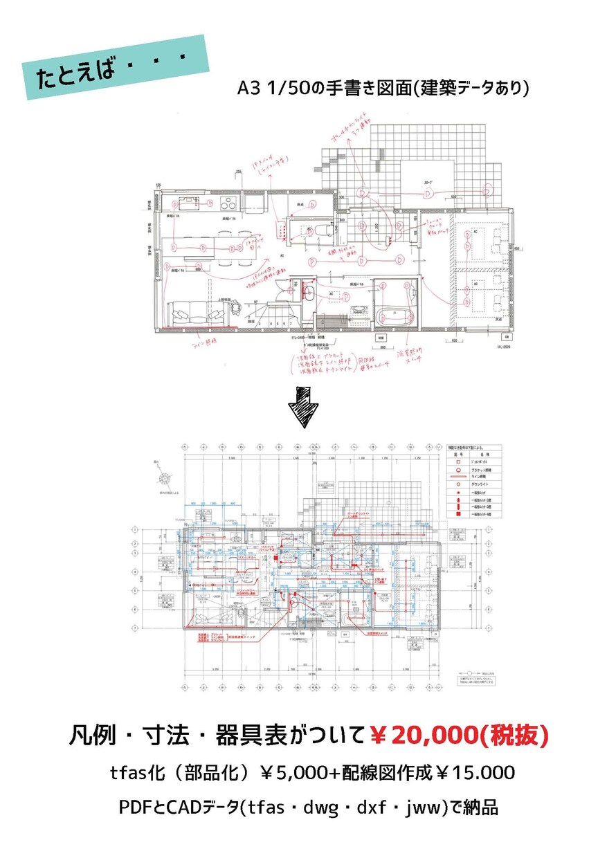 リフォーム図面（電気・設備・建築併用可）作成します 改修工事に必要となる既存図と改修図をCADで作成いたします イメージ1