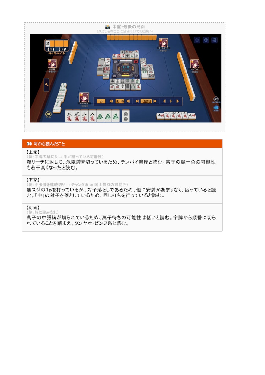 麻雀牌譜添削｜あなたの弱点を言語化します 初心者〜中級者向け【脱・感覚打ち】｜数日以内に納品 イメージ7