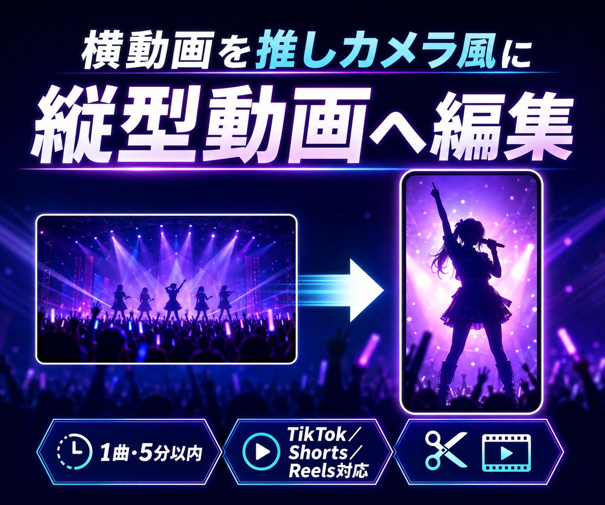 ライブ映像を推しカメラ風に編集します 横動画から推しを追う縦型動画を制作します イメージ1