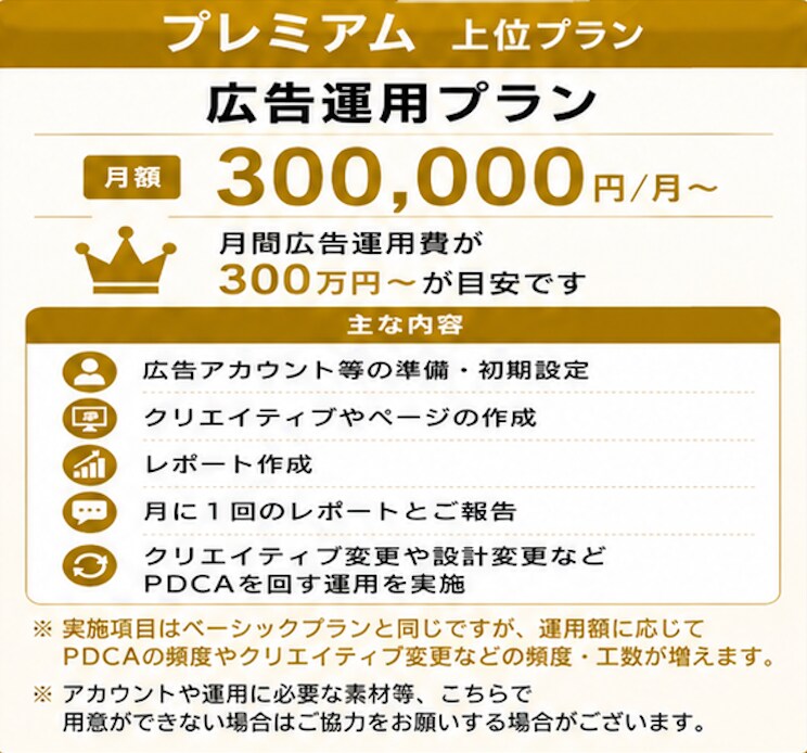 プレミアム広告運用　上位プランます 月間広告運用費が300万円〜までの規模感が目安 イメージ2