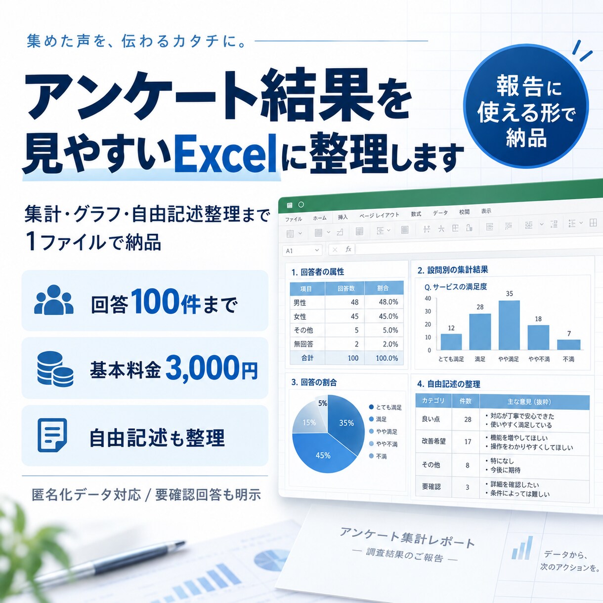 アンケート結果を見やすいExcelに整理します 集計・グラフ・自由記述整理まで1ファイルで納品 イメージ1