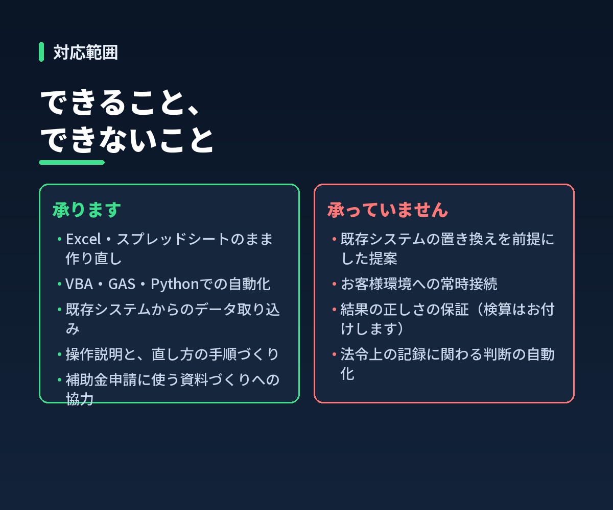 社員が自分で直せる業務自動化を作ります 引き継げないExcelを、誰でも直せる形にします イメージ7
